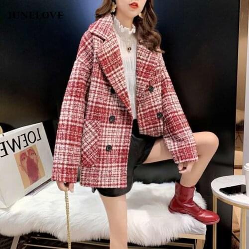 JuneLove Winter Korean Overcoat Women Vintage Woolen Loose Coats Female Double Breasted Turn-down Collar Overcoat Warm Outwears