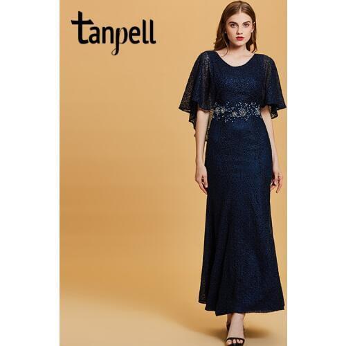 Tanpell embroidery evening dress dark navy half sleeves floor length gown women beading prom formal long mermaid evening dresses