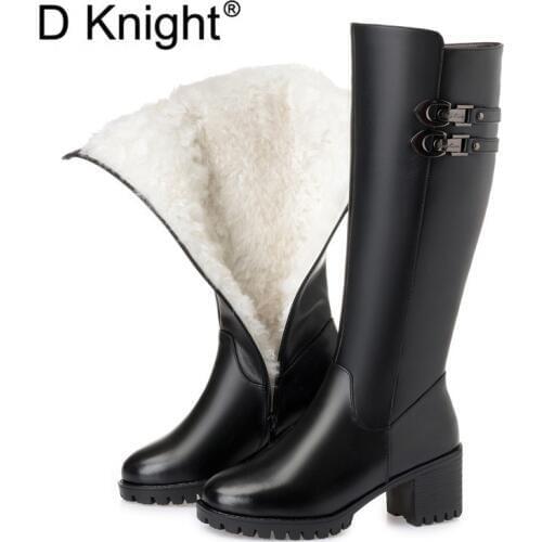 Winter Knee High Boots Thick Heels Natural Wool Fur Warm Snow Boots Women Genuine Leather Waterproof Riding Boots Black Big Size