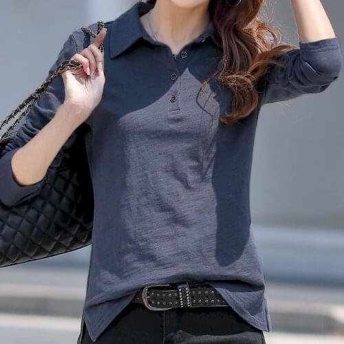 2021 Spring Summer New Women T-shirt 100% Pure Cotton Long Sleeve T-shirt Korean All-match Lapel Top POLO Collar Bottoming Shirt