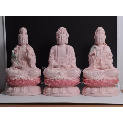 24 inch pink sitting on the lotus Sam west of Dehua Buddha Amitabha Avalokiteshvara mahasthamaprapta porcelain ceramic powder