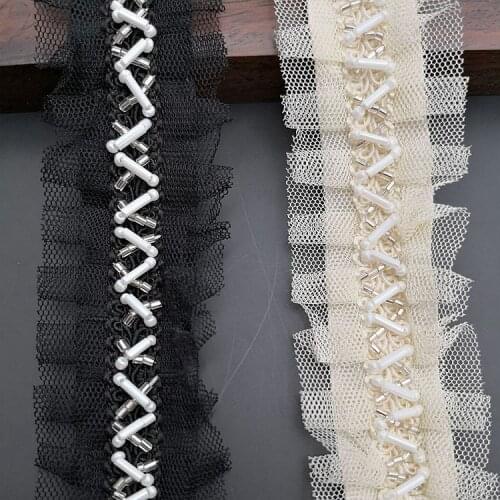 5y DIY Handmade Mesh Pleated Ribbon Beaded Lace Trim Fabric Embroidered Applique Sewing Craft Wedding Dress Clothes Accessories
