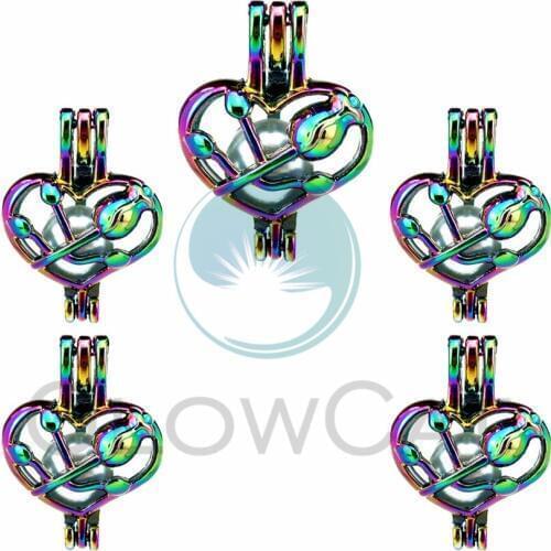 5X Rainbow Heart Rose Cage Locket Pendant Jewelry DIY Bead Cage Aroma Essential Oil Diffuser For Oyster Pearl