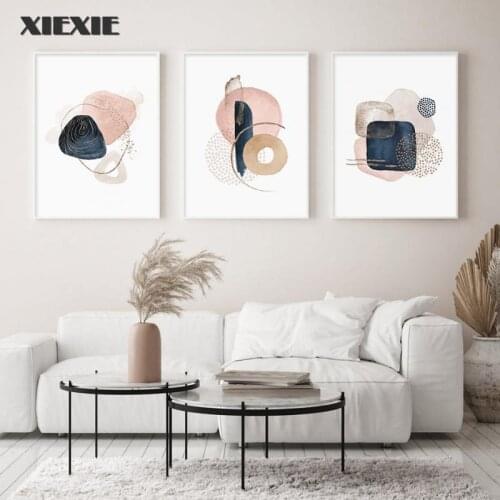 Abstract Pink Beige Navy Blue Boho Geometric Canvas Painting Waterproof Ink Poster Wall Art Picture for Living Room Home Decor