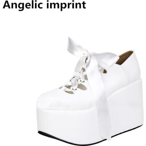 Angelic imprint woman mori girl lolita cosplay shoes lady high wedges heels pumps women princess dress shoes lace up 33-47 10cm