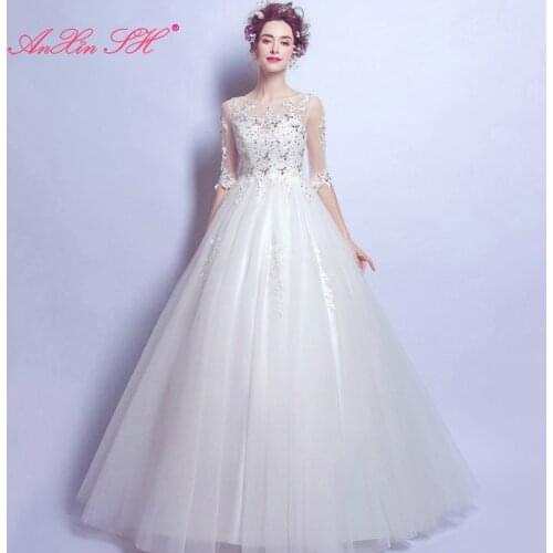 AXJFU Luxury diamond lace wedding dress perspective sexy o neck illusion half sleeve Princess beading Bride wedding dress 152