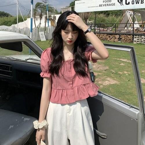 Blouse Women Shirt Ruffled Short Sleeves Female Summer High Waist Puff Sleeve Top Blusas Mujer De Moda