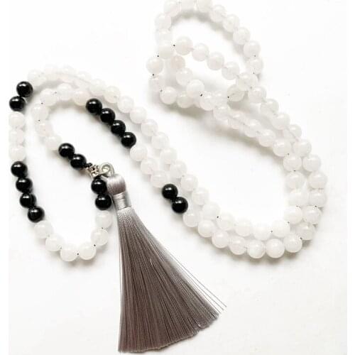 Onyx Stone Bead 108 Prayer Mala Beads Necklace 8mm White Black Fengshui Stone Knot Beaded Necklace Bracelet Gray Tassel Handmade