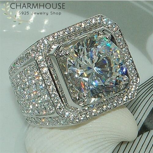 Charmhouse Pure 925 Silver Rings For Men Zirconia Big Square Wedding Ring Bague Homme Anillo Mans Jewelry Engagement Bijoux