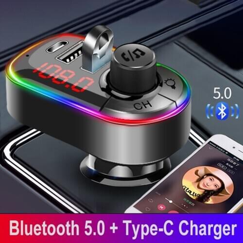 Dual USB Charger Car FM transmitter U disk music player Bluetooth 5.0 Handsfree with Type-C port