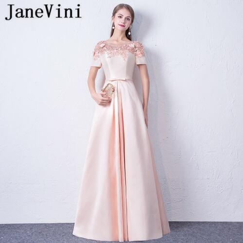 JaneVini Elegant Blush Pink Beaded Bridesmaid Dresses With Sleeves A Line Hand Made Flowers Satin Floor Length Formal Prom Gowns