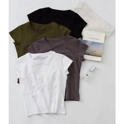 Summer Women Fashion Cute Chest stitching Short Sleeve T Shirt cotton crop Solid O-neck T-Shirts Women Casual Tees Top 4 color