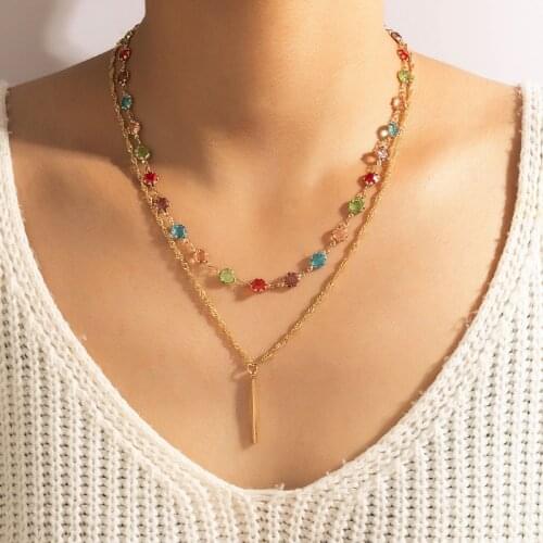 HuangTang Charms Colorful Crystal Stone Beaded Necklace for Women Multi-layer Geoemtric Gold Color Alloy Metal Party Jewelry