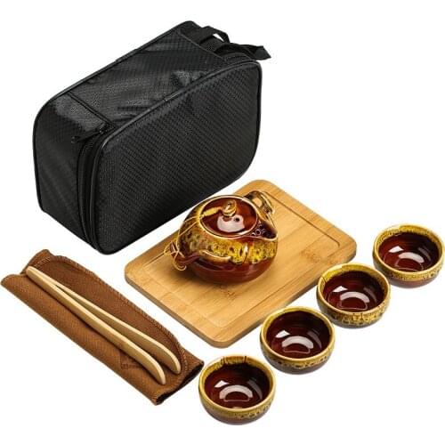 Ceramic Portable Travel Tea Set Including 1 Pot + 4 Cups Simple Office Teapot Creative Kiln Change Teacup Chinese Kung Fu Kettle
