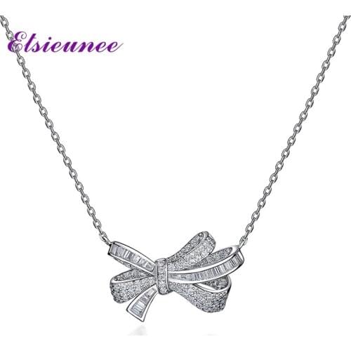 ELSIEUNEE Classic 100% 925 Sterling Silver Bowknot Created Moissanite Diamonds Gemstone Wedding Pendent Necklace Fine Jewelry