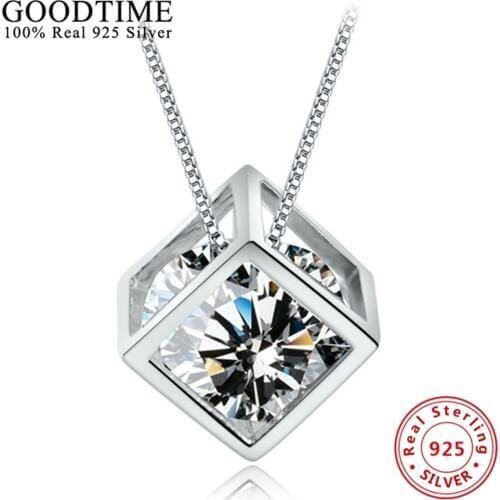 Fashion 925 Sterling Silver Jewelry For Women Geometric Box Cubic Zirconia Charm Necklace & Pendant For Mother