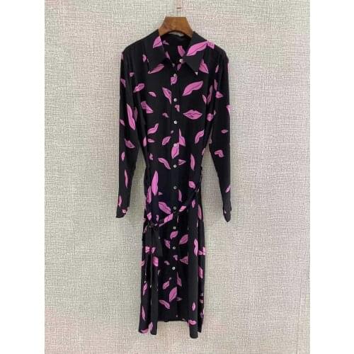 Fashion Red Lip Print Silk Long Sleeve Sexy Mini Dress