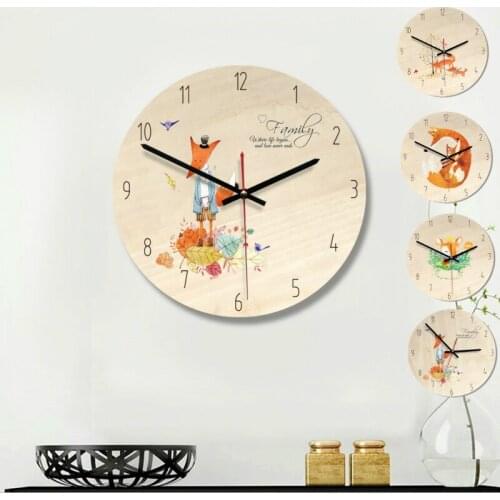 11inch Retro Creative Cartoon Wall Clock European Minimalist Wooden Decorative Clock Kids Wall Clock Home Decor Fox and Forest