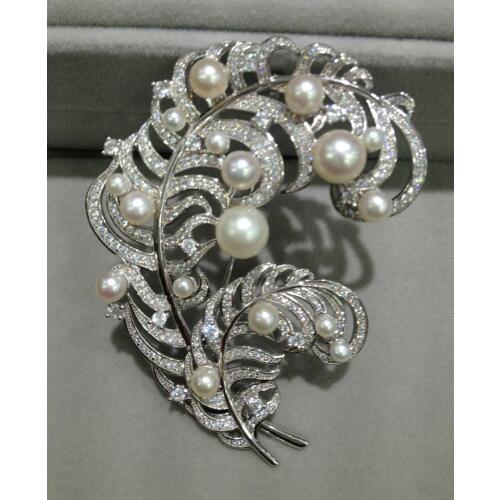 Real Freshwater Pearl Feather Brooch Pendant 925 Solid Silver With Zircon Classic Jewelry Women Jewelry double feather brooch