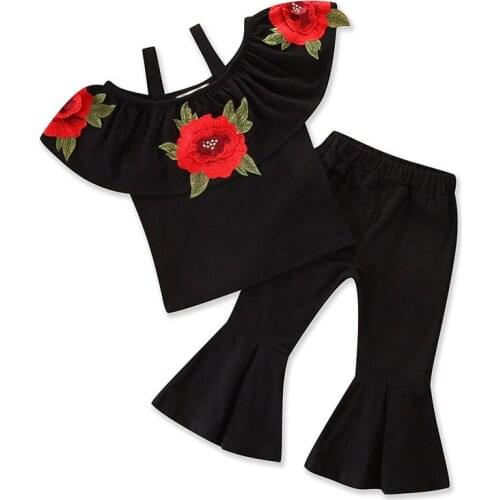 2018 New 2PCS Kids Baby Girl Rose Print Tops+ Loose Wide Leg Pants Outfits Size 2-8T