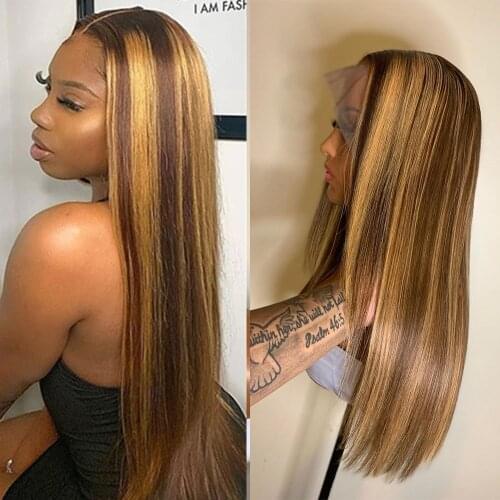 Straight Closure Wig Highlight Honey Blonde Lace Front Wigs For Women 30 32 Inch Peruvian Straight Human Hair Wigs 180 Density