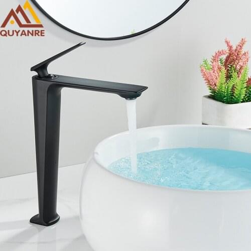 Quyanre Matte Black Tall Basin Faucet Bathroom Washbasin Mixer Tap Single Handle Hot Cold Mixer Tap Chrome Basin Sink Fauce