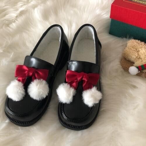 Roman Womens Christmas Creepers Heel Platform Shoes Bowknot Fur Ball Decor Casual Gothic Retro Black Oxfords Lolita Brown