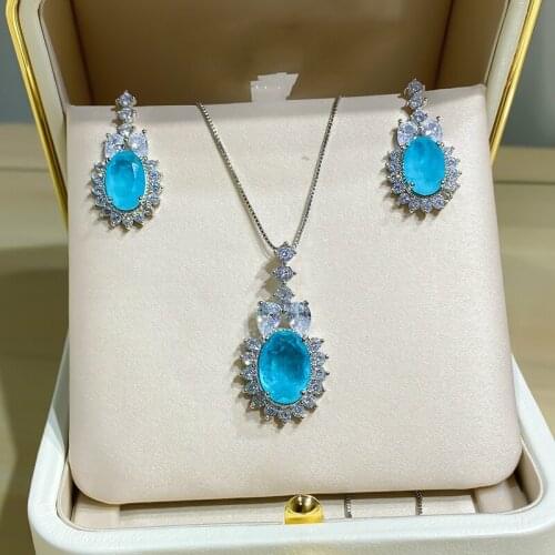 Luxury Womens Jewelry Sets Paraiba Water Drop Cut 8*12MM Stud Earrings 10*14MM Necklace Anniversary Fashion