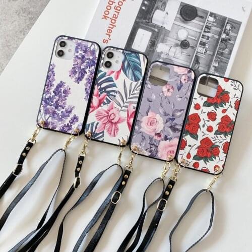Luxury Flower Case for Samsung Galaxy A21S A41 A2 Core A10S A20S A51 A71 A01 A91 A81 A31 A11 M11 Adjustable Neck Strap Cover