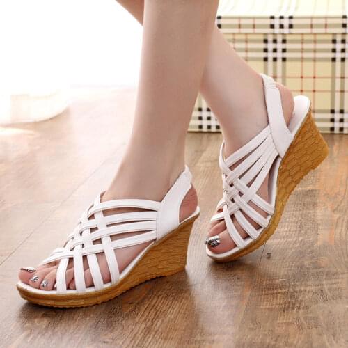 Women Hollow Out Peep Toe Wedges Platform Sandals Female Summer Elastic Band Casual Shoes Ladies Fashion Comfort Shoes