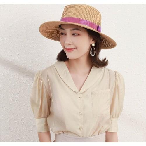 Womens Summer Hat Bandage Decoration Sun Protection Cap Female Flat Top Wide Brim Straw Hat Beach Hat Sun Hats