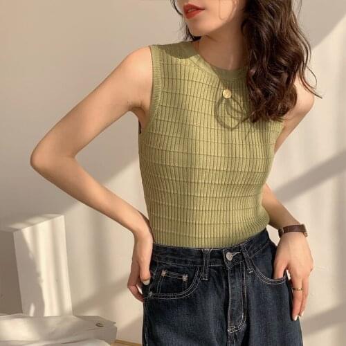 O-neck Knitted Top Women Summer Sleeveless Short Bralette Crop Top Solid Slim Top Cropped Feminino