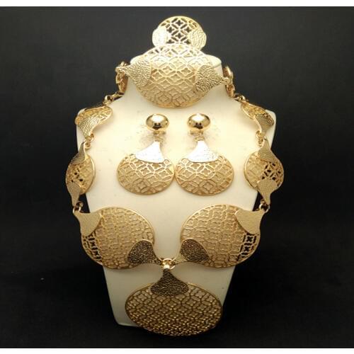 Top Quality Fashion and Gold-color Crystal Wedding African Women Dubai Bridal Jewelry Sets Statement Necklace Bangle Ring Set