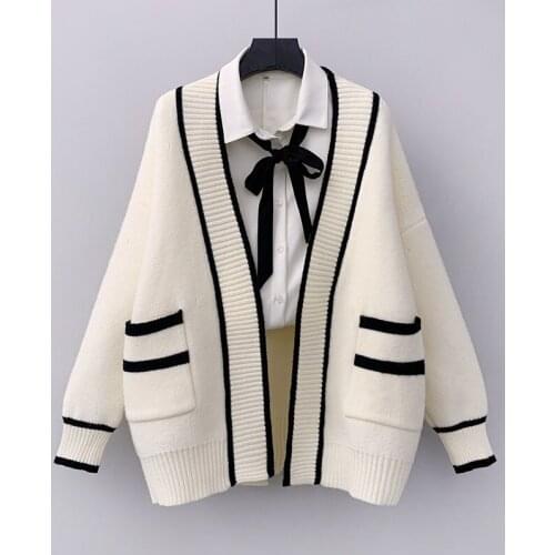 2021 autumn and winter clothing new knit top Korean version loose pocket color matching fashion sweater cardigan jacket women