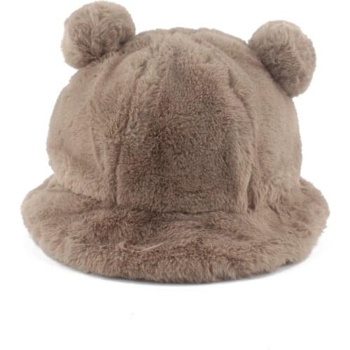 Faux Fur Winter Bucket Hat For Women Double Poms Cute Panama Bucket Cap Outdoor Artificial Rabbit Fur Warm Fisherman Hat