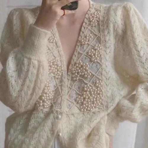 Lady Hollow Pearls Floral Beaded Lace Spliced Knitted Cardigan Twist Crocheted Sweater Coat Lantern Sleeve Thin Knitwear Tops