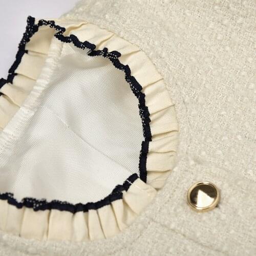 Women Frill Trim Collar Tweed Mini Dress Woven 2021 Early Autumn Single-Breasted Ladies Short Robe