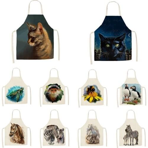 1pcs Linen Cartoon Colorful Animal Print Kitchen Aprons Unisex Dinner Party Cooking Bib Funny Pinafore Cleaning Apron 55x68cm