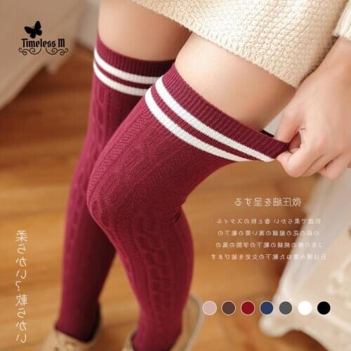 100% Cotton Spring and Autumn Stripe Thigh High 7 Colors Thick Version Over Knee Cute Lolita Good Stretch Stocking Fashion