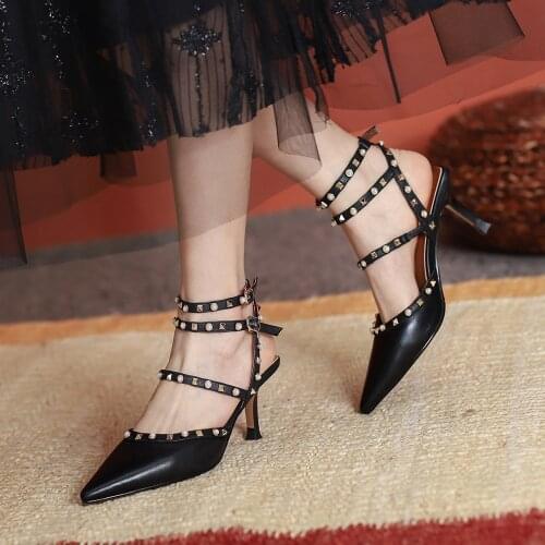 Summer 2021 Fashion Shoes Women 100% Leather Dress Sandals Stiletto Heels Pointed Toes Sexy Sandals Ladies Black/Apricot Heels