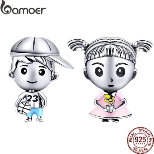 Bamoer Family Colleciton Sister & Brother 925 Sterling Silver Charm fit Original Snake Bracelet for Women DIY Bracelet BSC172