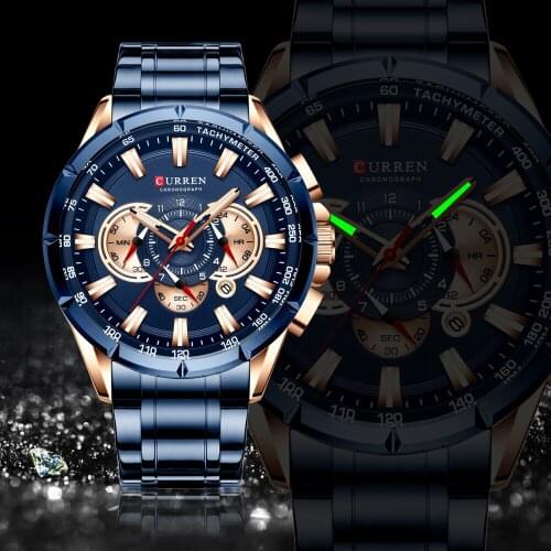 CURREN Luxury Casual Mens Watches Quartz Sports Chronograph Wristwatch Male Stainless Steel Luminous hands Clock Dropshipping