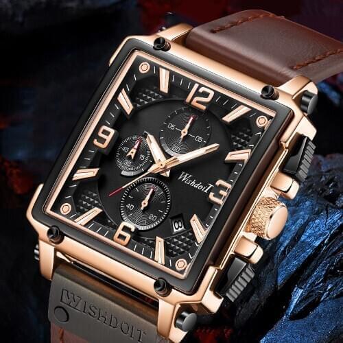 WISHDOIT 2021 New Fashion Waterproof Quartz Watch Mens Watch Top Brand Luxury Business Belt large Dial Square Chronograph