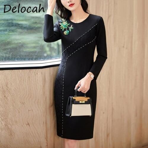 Delocah New 2021 Autumn Women Fashion Runway Pencil Dress Long Sleeve Gorgeous Crystal Lace Elegant Black Midi Dresses Vestidos