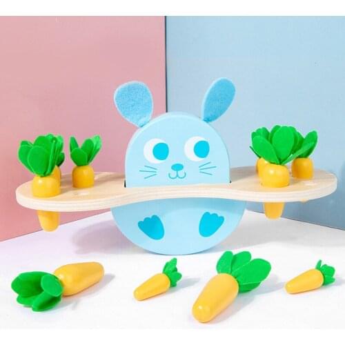 Childrens Wooden Cartoon Rabbit Balance Toy Montessori Educational Carrot Pulling Size Recognition IQ Develop Game Kids Gift