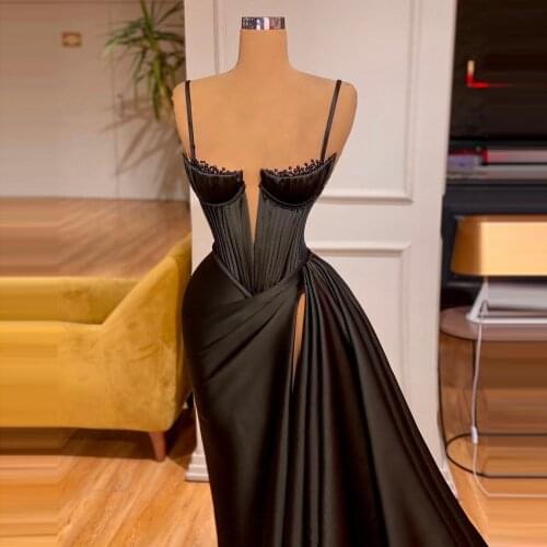 Elegant Black Evening Dresses With Straps Mermaid Side Split With Train Satin Beaded Long Plus Size Women Prom Party Dress