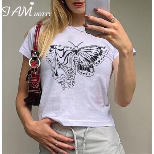Y2K Aesthetic Butterfly Print Casual White T-shirt Women Basic Loose Short Sleeve O-neck Top Tee Harajuku Clothes 90s Iamhotty