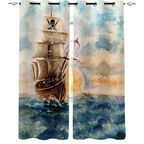 Oil Painting Style Pirate Boat Window Curtains For Living Room Bedroom Home Decoration Panels For Kitchen Kids Curtains