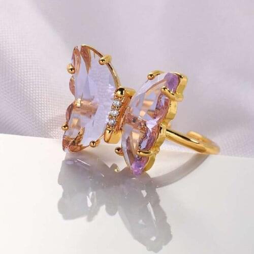 Transparent Glass Women Ring Colorful Clear Crystal Open Butterfly Ring Simple Banquet Wedding Finger Adjustable Ring for Women