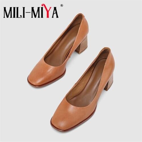 MILI-MIYA Fashion Thick Heels Women Genuine Leather Round Toe Pumps Slip On Solid Color Dress Party Shoes Size 34-40 Handmade